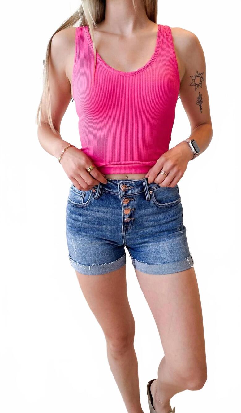 NEW RISEN button fly cuff shorts in dark denim